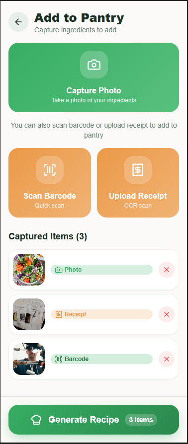 Add to pantry with photo, barcode, and receipt